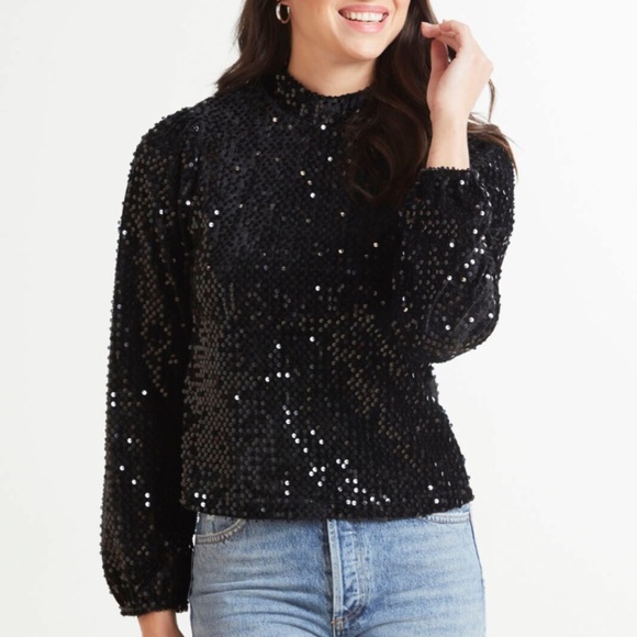 Anthropologie Sanctuary All Nighter sequined top Sz XS back zip mock neck lined - Picture 1 of 8